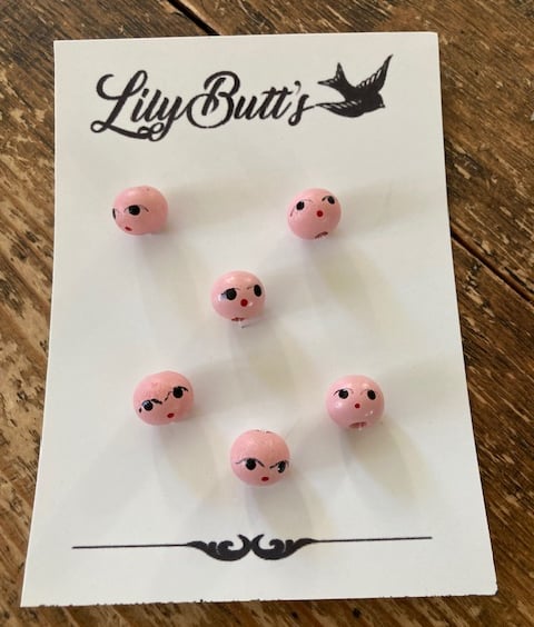 6 Vintage Japanese Wooden Head Beads 