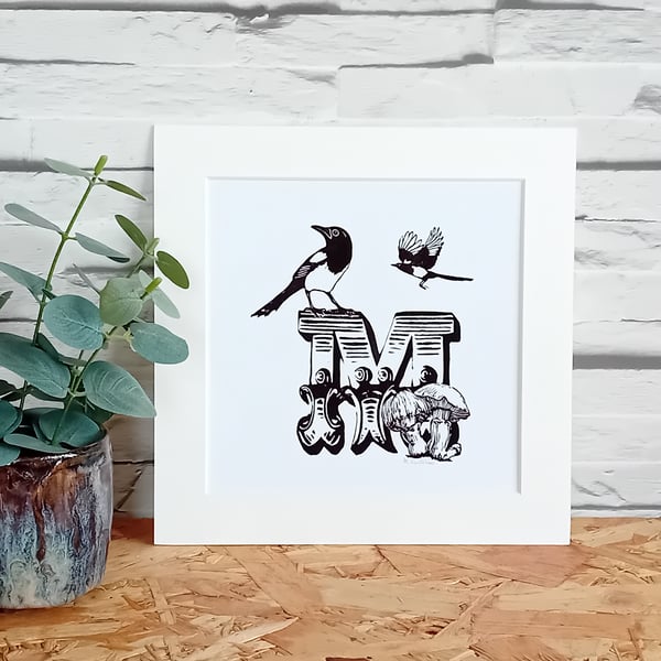 Letter M Print - magpies, mushrooms, initial print,, alphabet print, typography