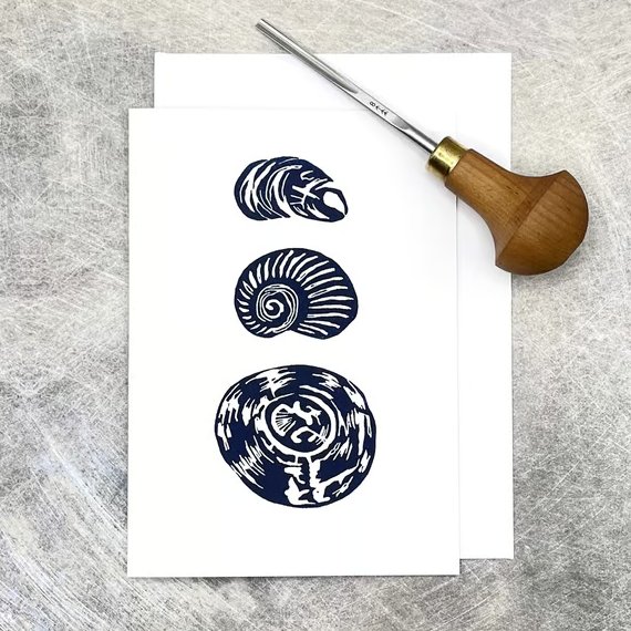 Triple Shell Lino Print Card, Blank Inside For Your Own Message