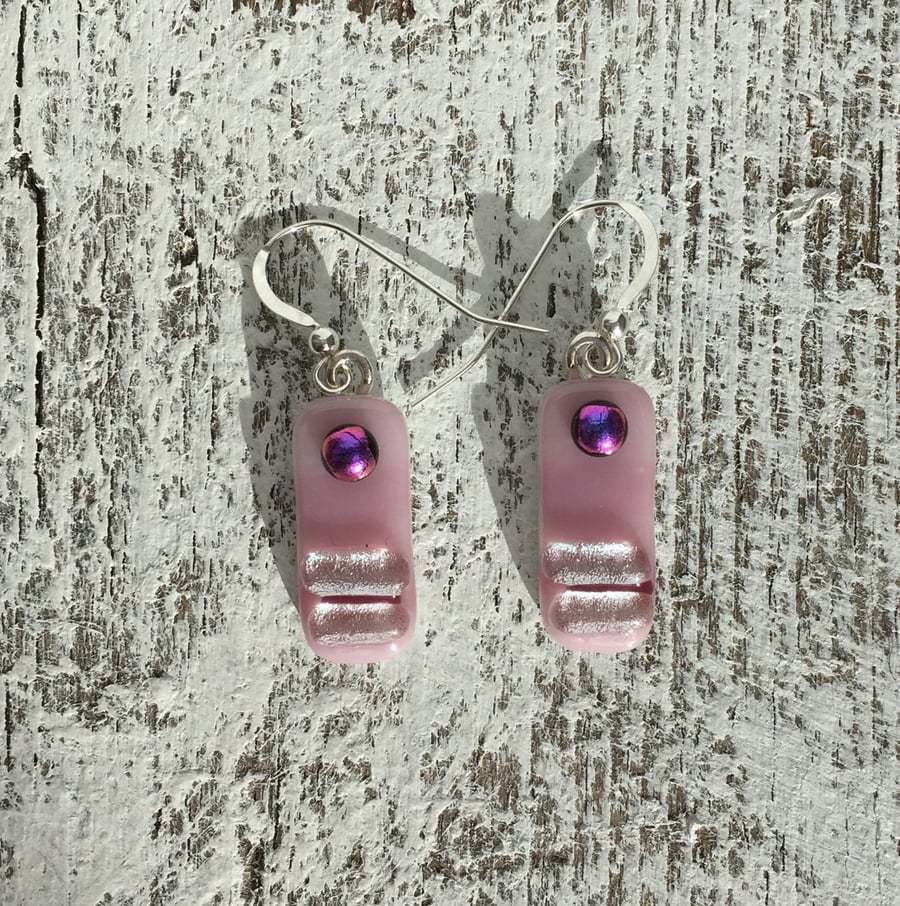 Pink Fused Glass Drop Earrings with Dichroic Detail on Silver Wires