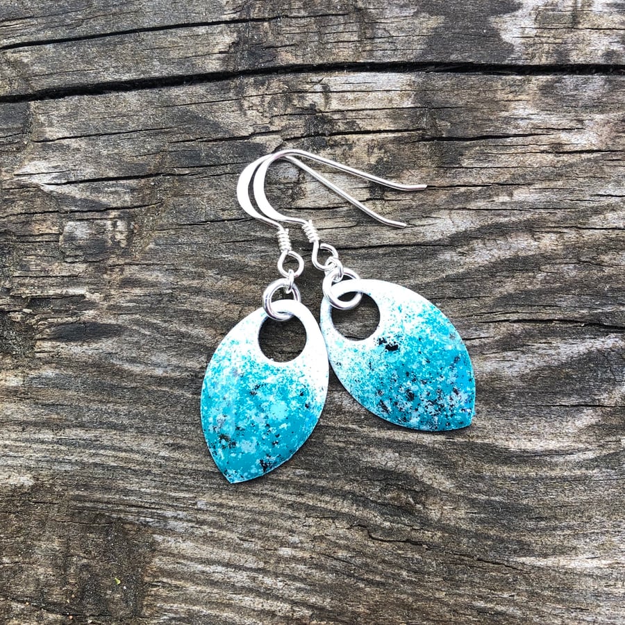 Turquoise, white and a touch of black enamel scale earrings. Sterling silver. 