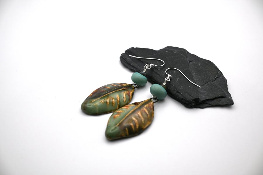 green glass and ceramic leaf earrings