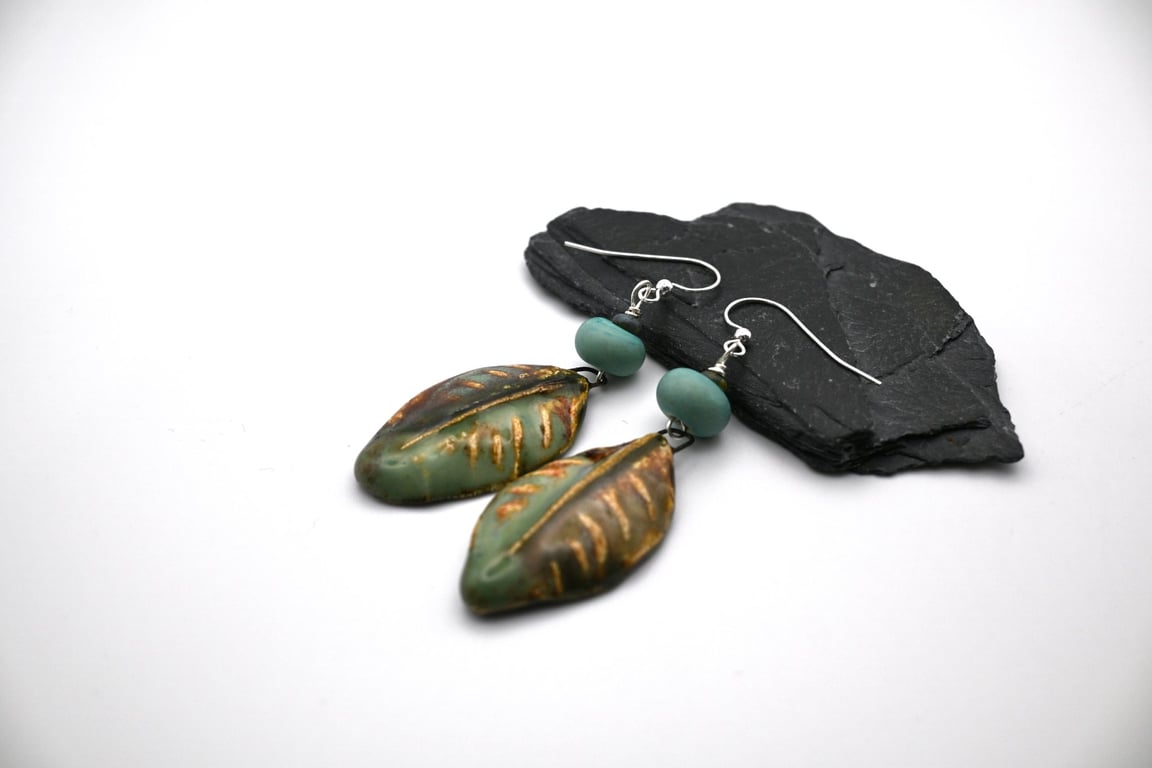 green glass and ceramic leaf earrings