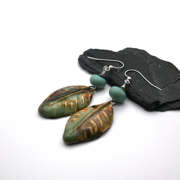 green glass and ceramic leaf earrings