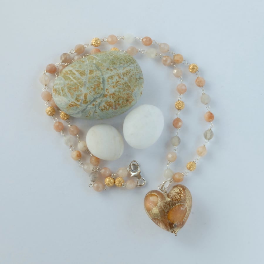 Sunstone and peach murano glass heart necklace