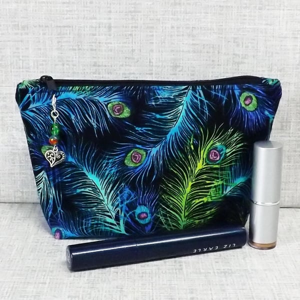 Feathers make up bag, zipped pouch, cosmetic bag, peacock feathers