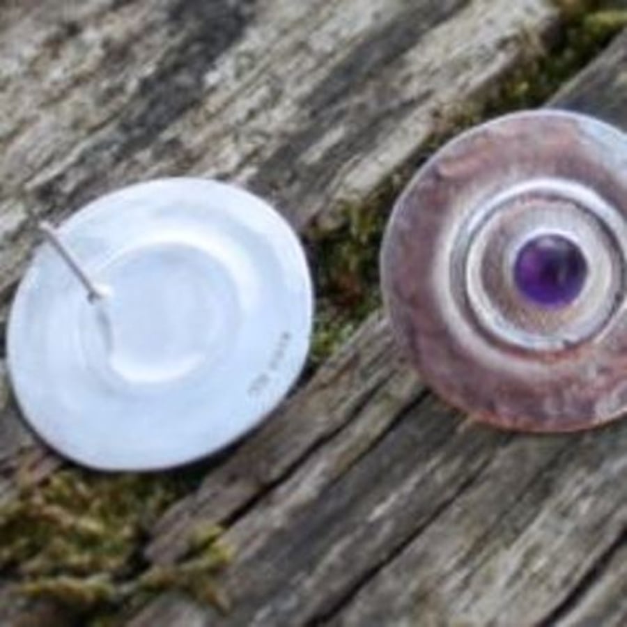 Silver and Amethyst circular stud earrings