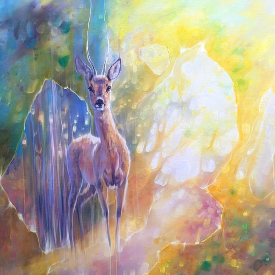 The Roebucks Realm is a large woodland themed oil painting of a roebuck deer 
