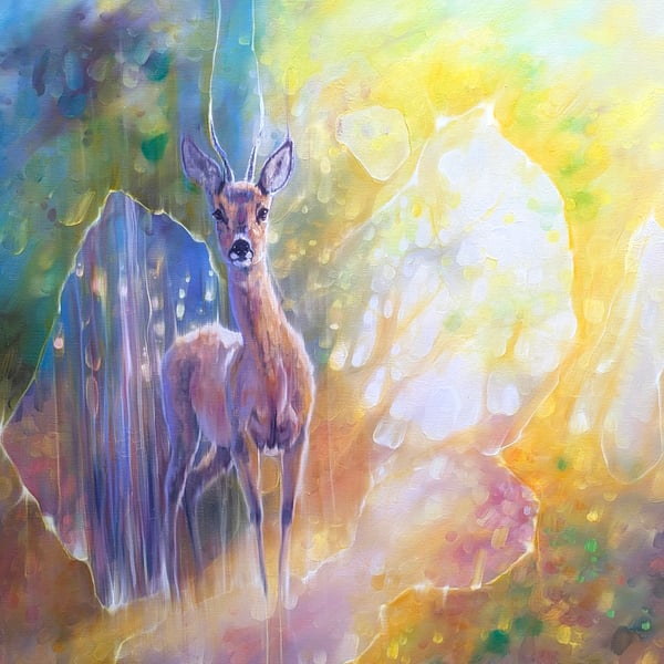 The Roebucks Realm is a large woodland themed oil painting of a roebuck deer 