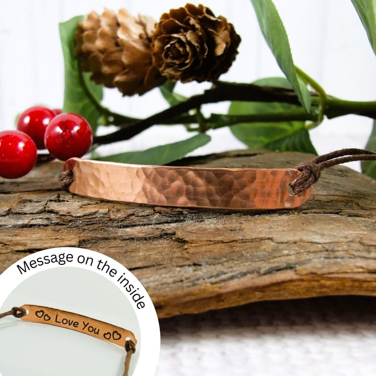 Copper Bracelet. Hidden Love You Message on Adjustable Waxed Cord 
