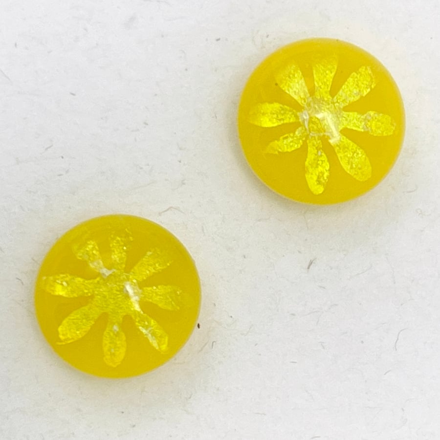 Yellow Fused Glass Dichroic Flower Stud Earrings