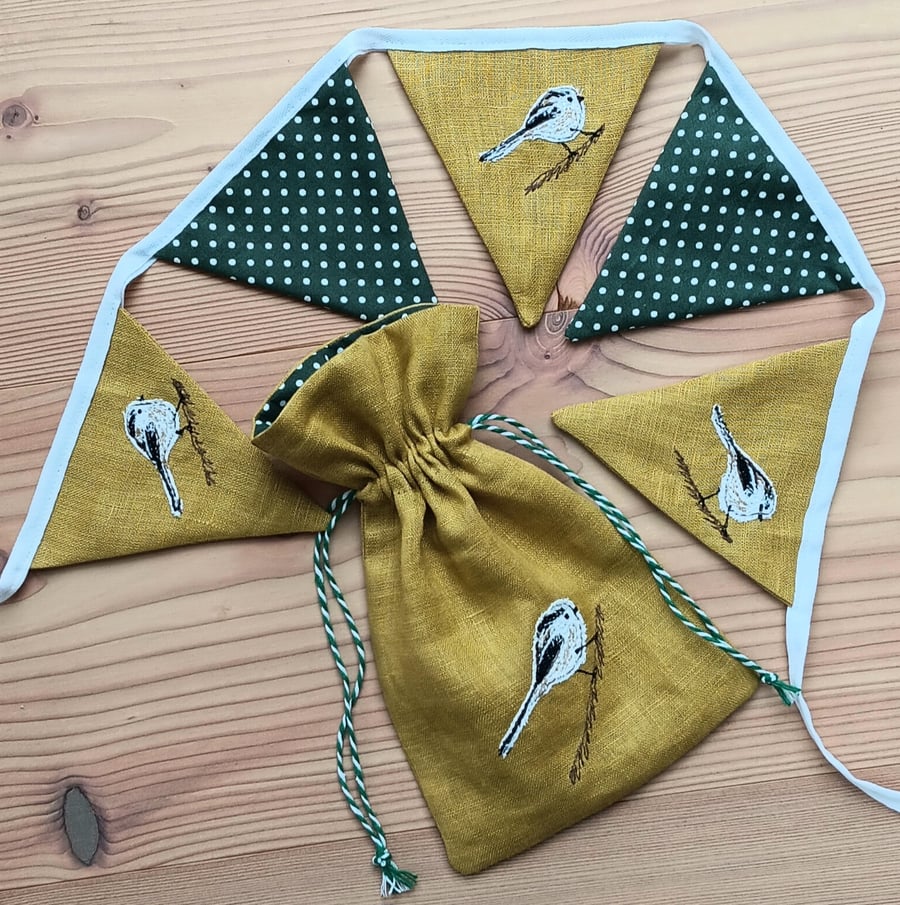 Long-tailed Tit Mini Bunting with Drawstring Gift Bag