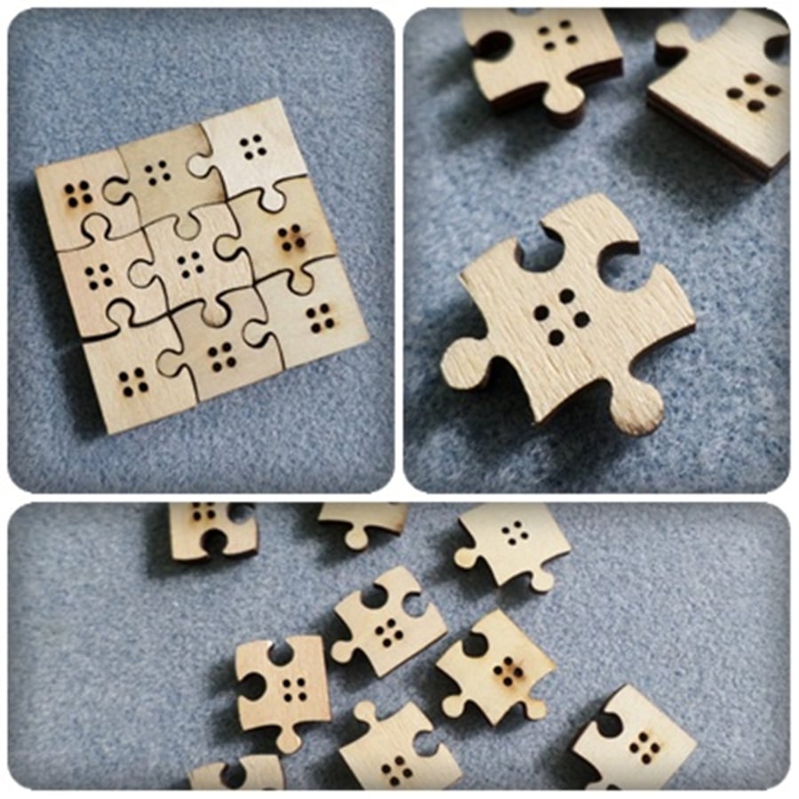1 x Set (9pcs) 4-Hole Jigsaw Buttons - Natural Wooden