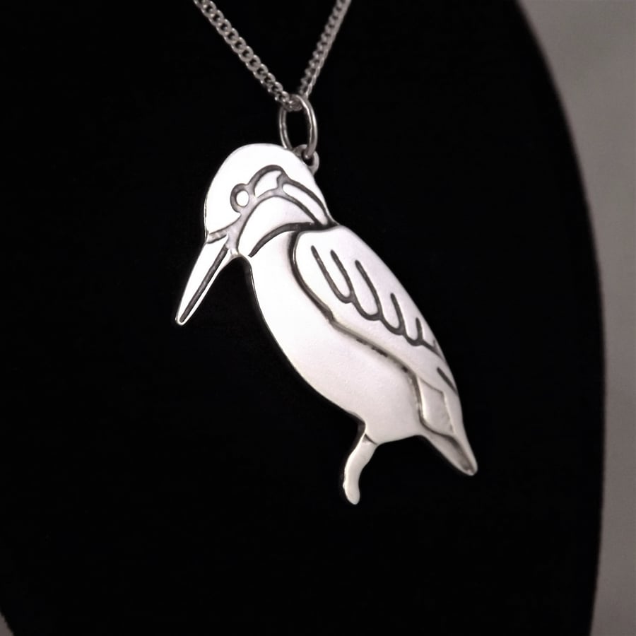 Kingfisher Pendant (Large), Silver Bird Necklace, Handmade Wildlife Jewellery