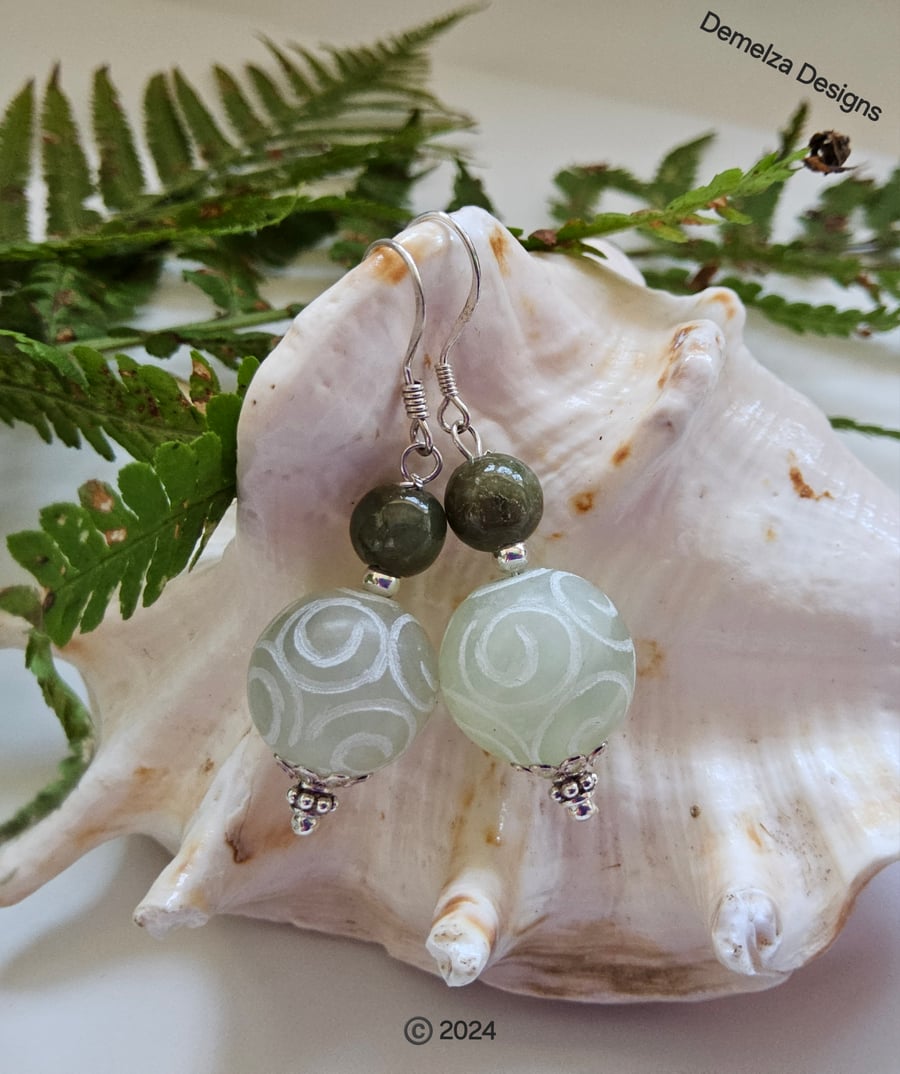 Designer Serpentine Rounds & Chinese Jadeite Sterling Silver Earrings