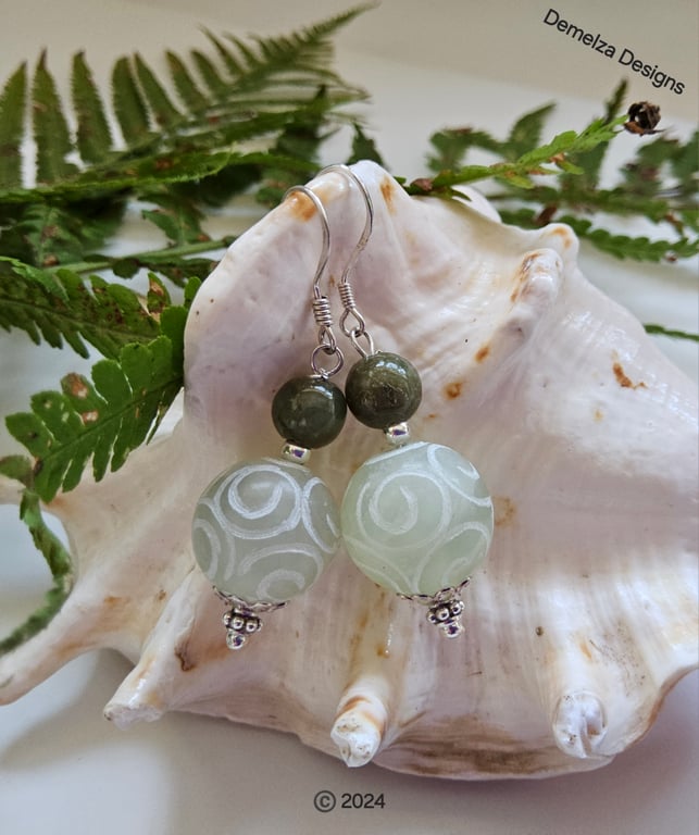 Designer Serpentine Rounds & Chinese Jadeite Sterling Silver Earrings