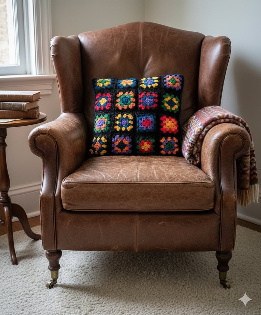 Handmade crochet cushion cover, granny square cushion, geometric,