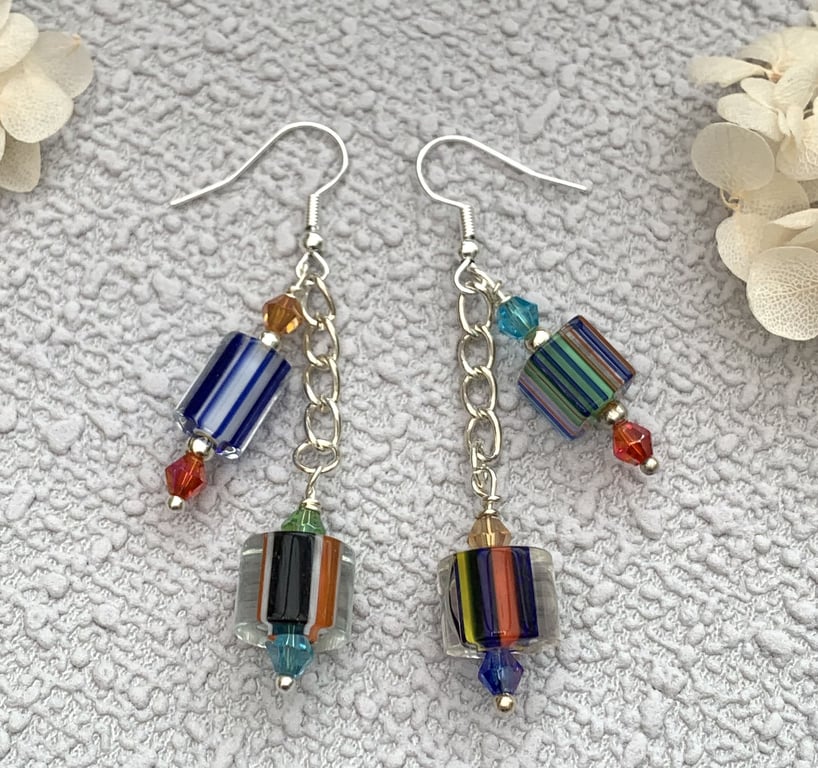 Czech Cane Glass Asymmetric Boho Earrings