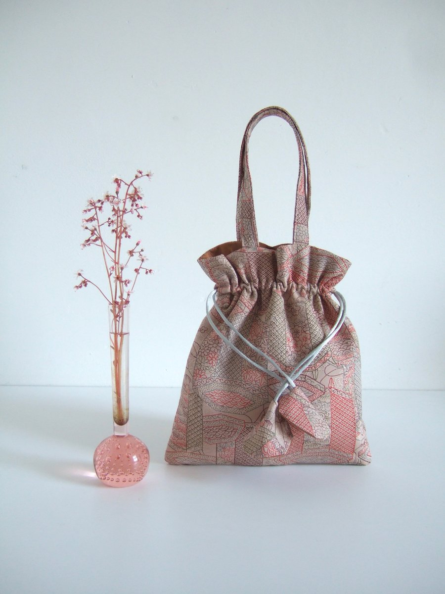Vintage Japanese kimono fabric, drawstring or evening bag.