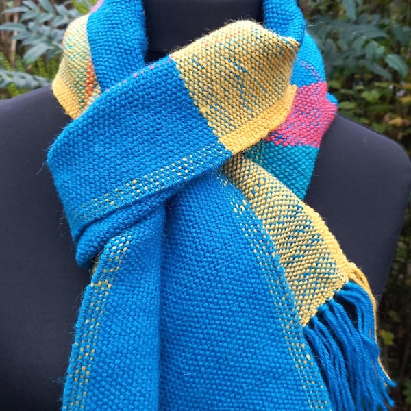 Handwoven British Wool Scarf, Colourful Plain Weave