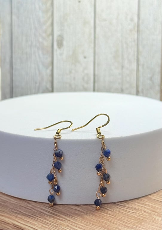 Lapis Lazuli Dangle Earrings, Gold Stainless Steel, Healing Crystal