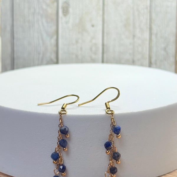 Lapis Lazuli Dangle Earrings, Gold Stainless Steel, Healing Crystal