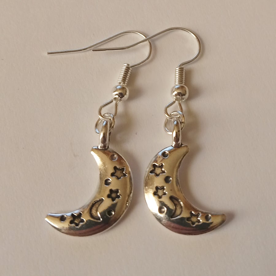 Star Moon Charm Celestial Silver Plate Earrings