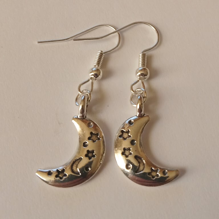 Star Moon Charm Celestial Silver Plate Earrings
