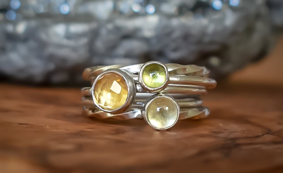 Stacking Ring Set, Argentium Silver, Peridot, Citrine & Lemon Quartz