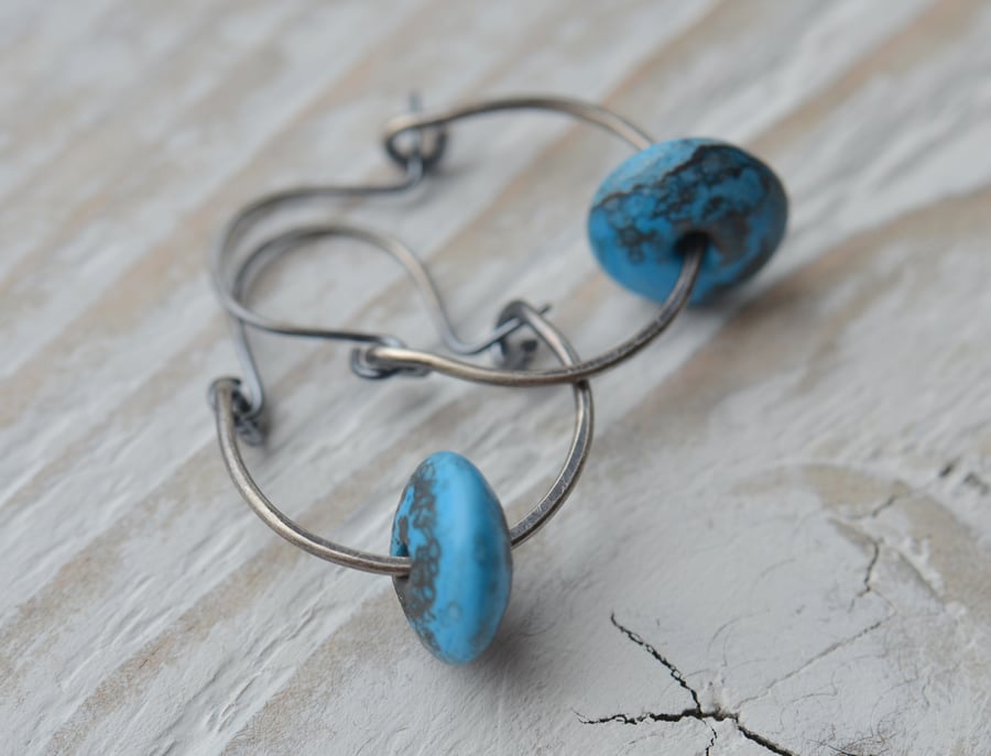 Oxidised Sterling Silver Hoop Earrings with Turquoise Lampwork Beads