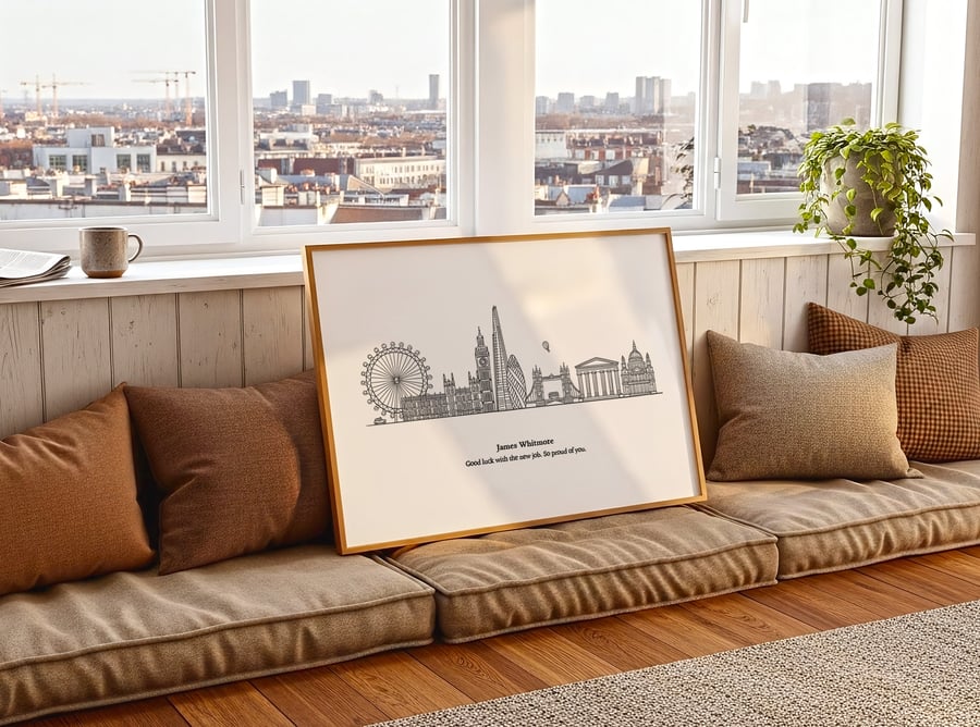 Personalised London Skyline Print, Hand-Drawn Retro Wall Art Keepsake