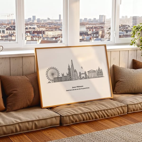 Personalised London Skyline Print, Hand-Drawn Retro Wall Art Keepsake