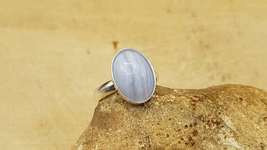 Simple oval Blue lace agate ring. 925 Sterling silver Adjustable ring