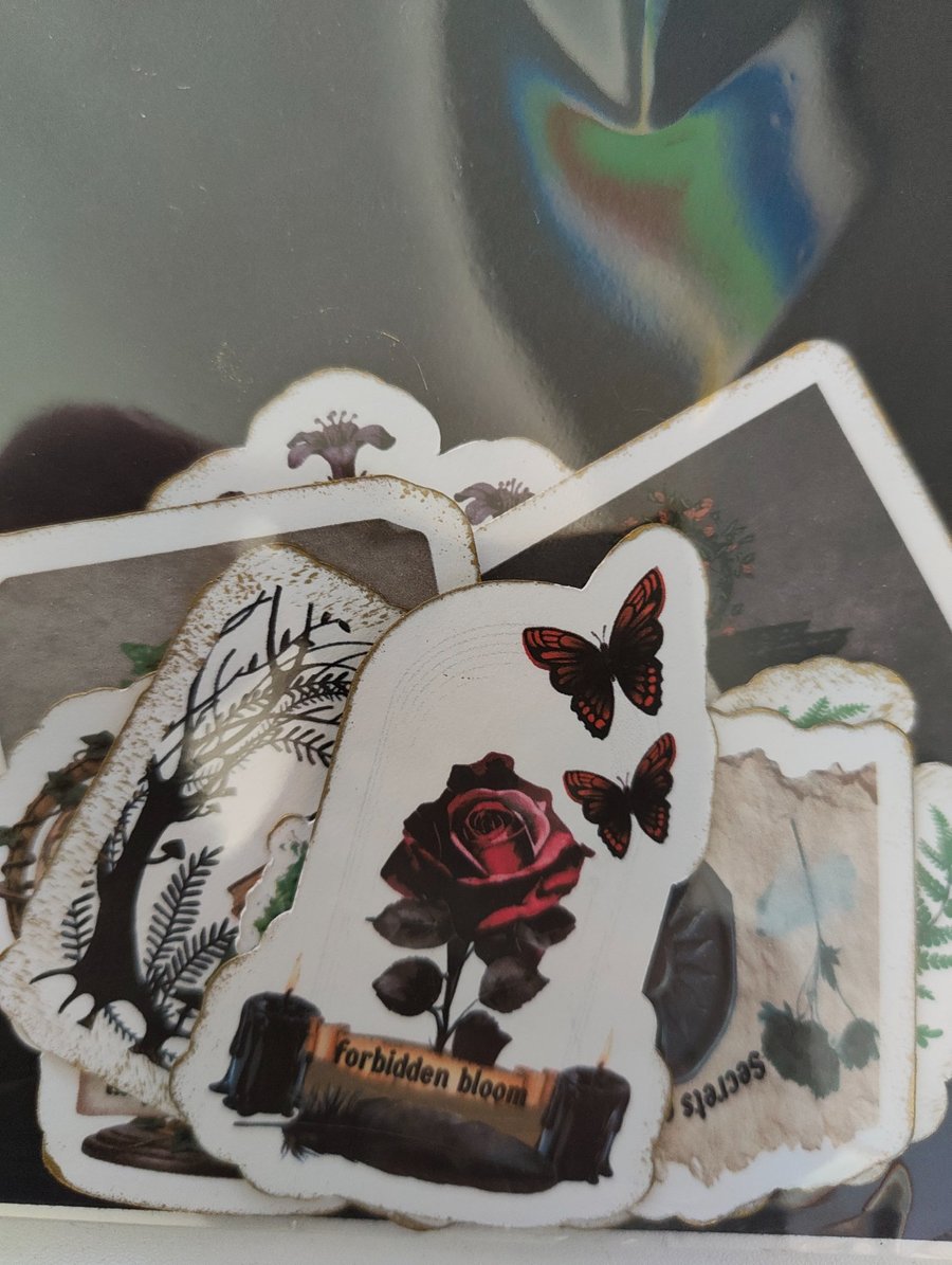 Dark academia sticker pack. 12 pieces vintage botanical ephemera (matte or vinyl