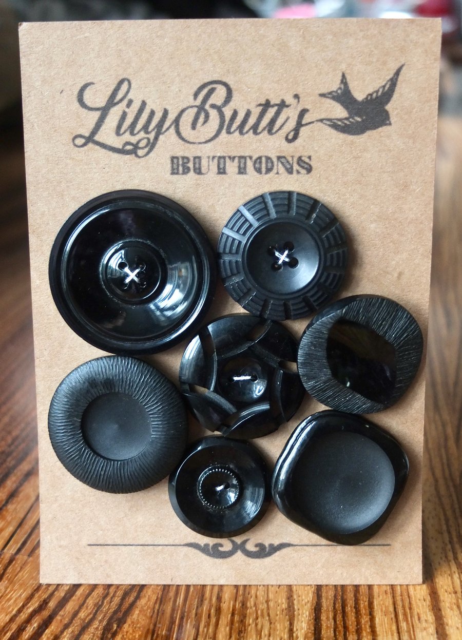 7 Large Mixed Vintage Black Buttons