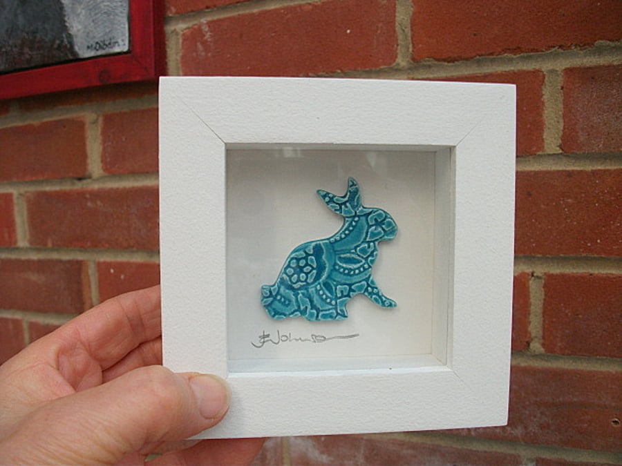  SALE Easter Bunny - Ceramic turquoise bunny imprinted with vintage lace 