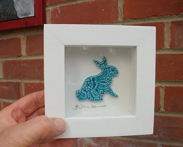  SALE Easter Bunny - Ceramic turquoise bunny imprinted with vintage lace 