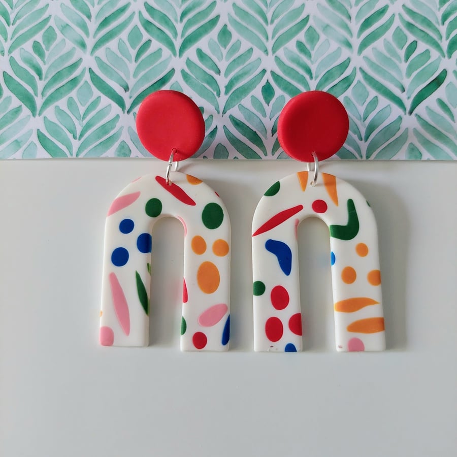 Henri Matisse Inspired Colourful Arch Polymer Clay Earrings with Red Studs 