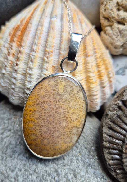 Sterling silver and fossilised coral stone necklace 