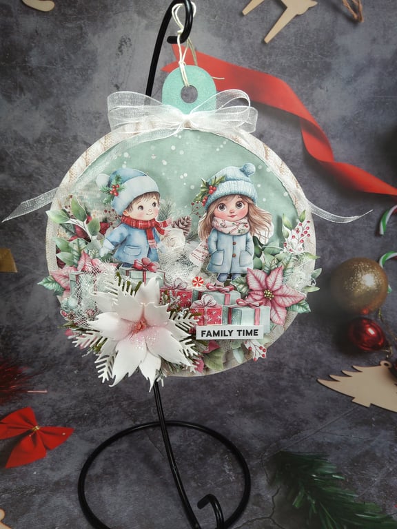 Handmade Christmas Hanging Decoration (1b)-Family Time Bauble with Winter scene