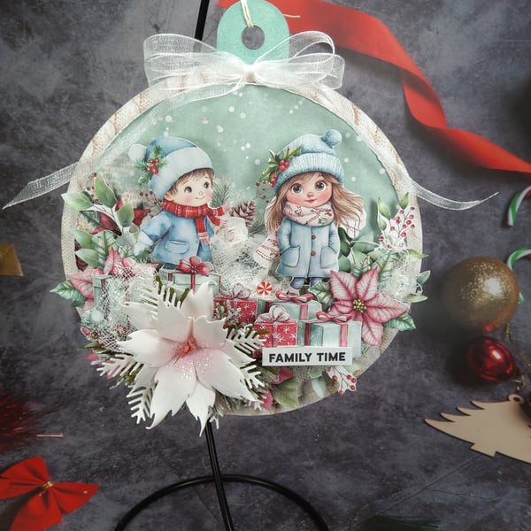 Handmade Christmas Hanging Decoration (1b)-Family Time Bauble with Winter scene