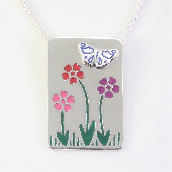 Spring Flower & Butterfly Pendant, Handmade Silver Enamel Heart Jewellery