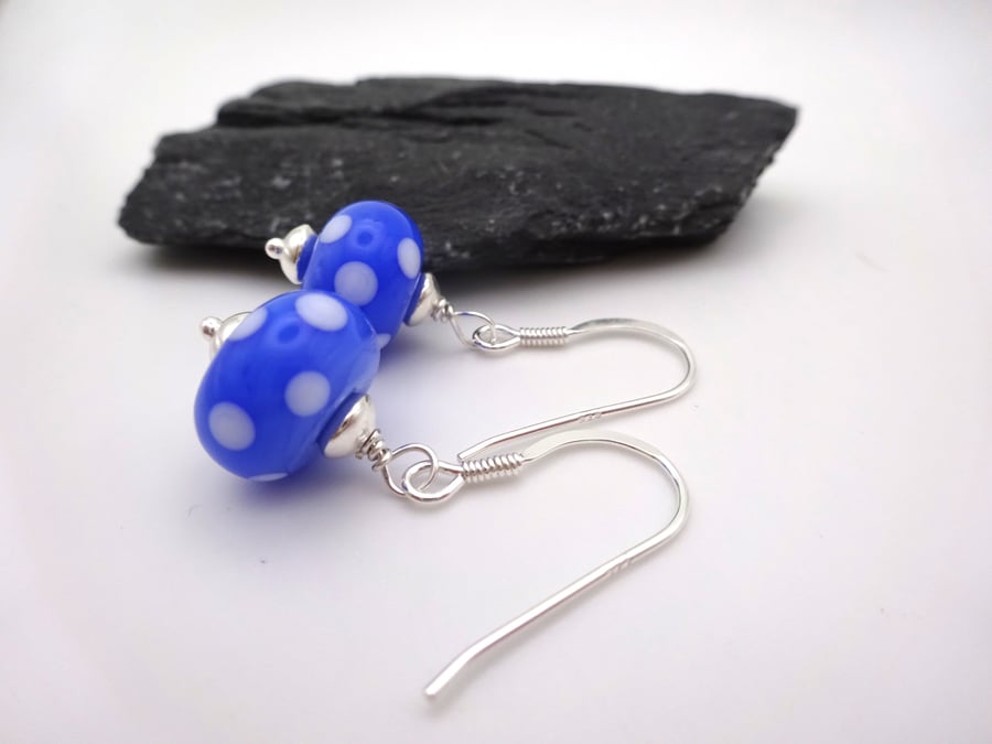 Blue and white polka dot earrings