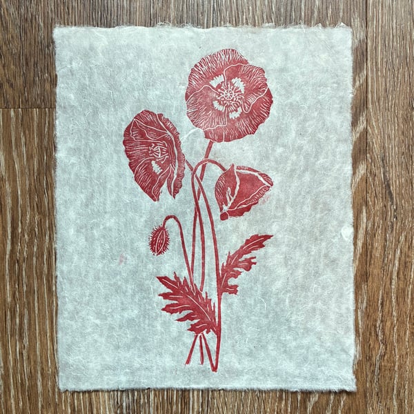 PERFECTLY IMPERFECT Wild poppies original linocut print in red