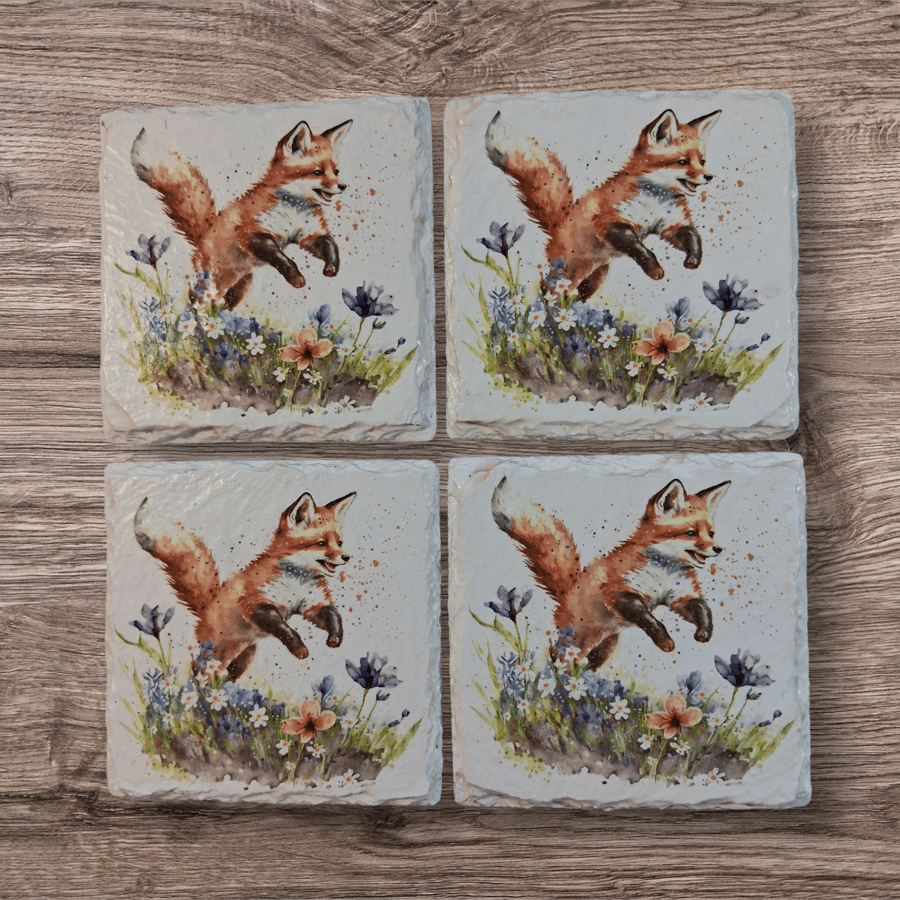 Leaping Fox Decoupaged Slate Coasters Set of 4
