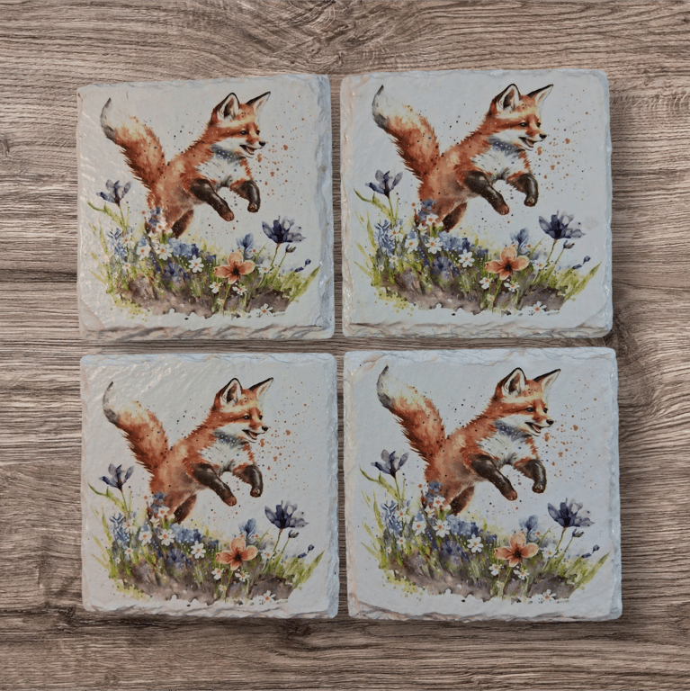 Leaping Fox Decoupaged Slate Coasters Set of 4