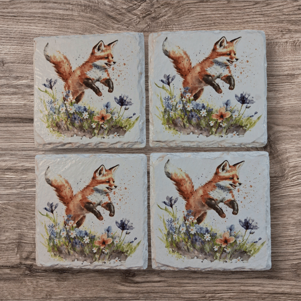Leaping Fox Decoupaged Slate Coasters Set of 4