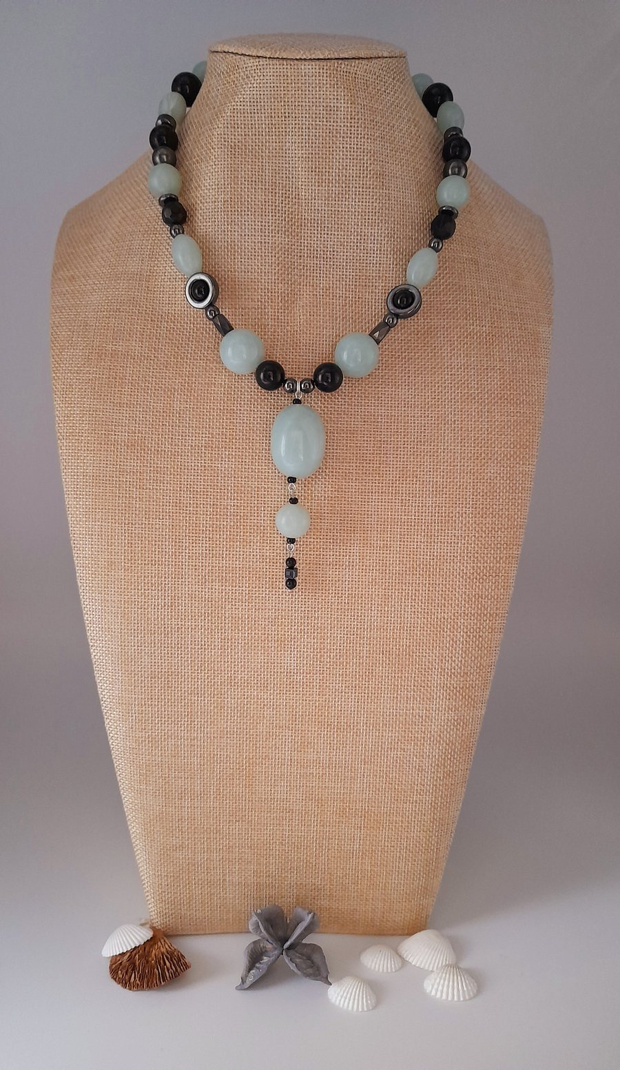 Aqua and black beaded necklace