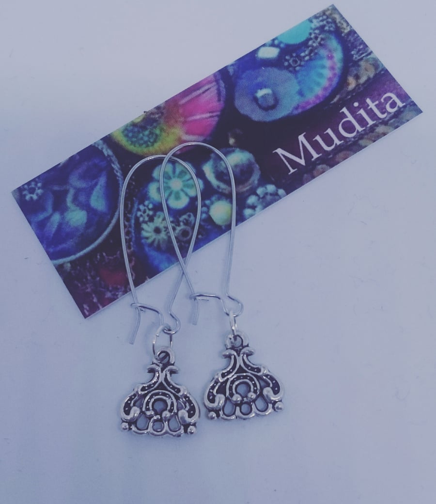 Dangly Sterling Silver Traditional Tibetan Charm Earrings   