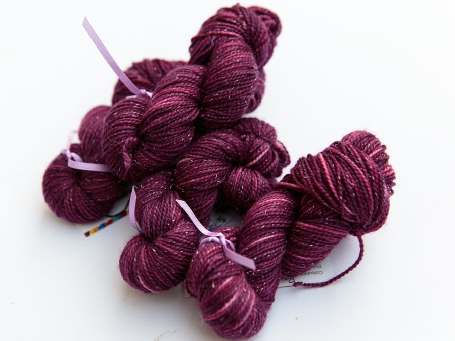 SALE: Berry - Silver Sparkly superwash merino 4 ply mini skeins